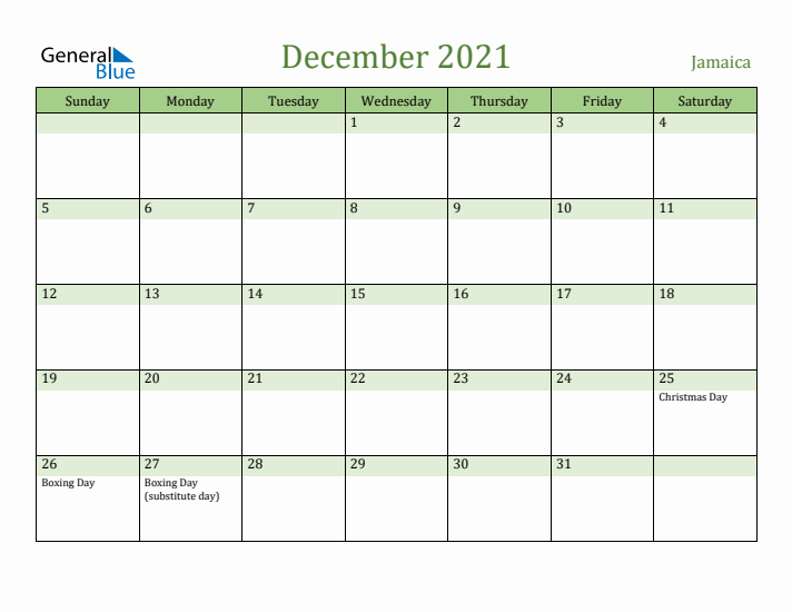 December 2021 Calendar with Jamaica Holidays