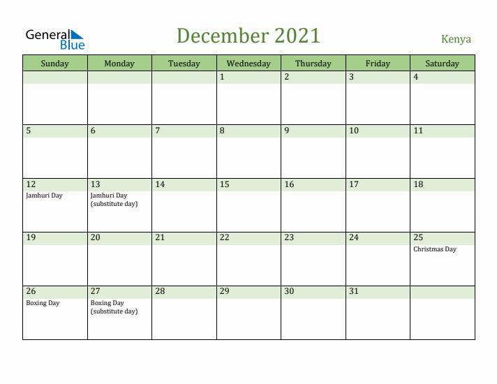December 2021 Calendar with Kenya Holidays