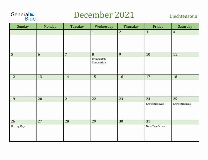 December 2021 Calendar with Liechtenstein Holidays