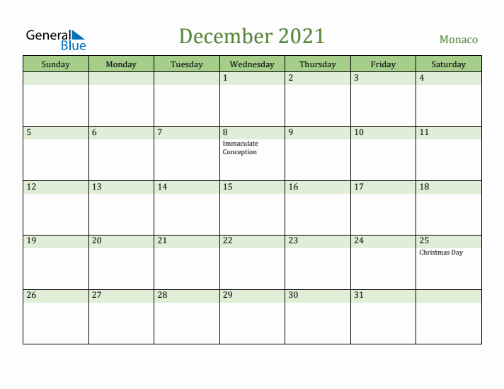 December 2021 Calendar with Monaco Holidays