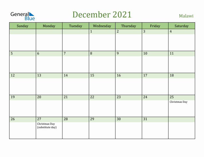 December 2021 Calendar with Malawi Holidays