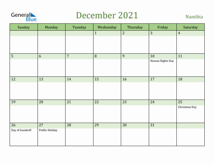 December 2021 Calendar with Namibia Holidays