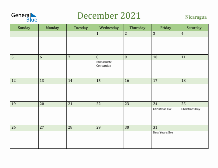 December 2021 Calendar with Nicaragua Holidays