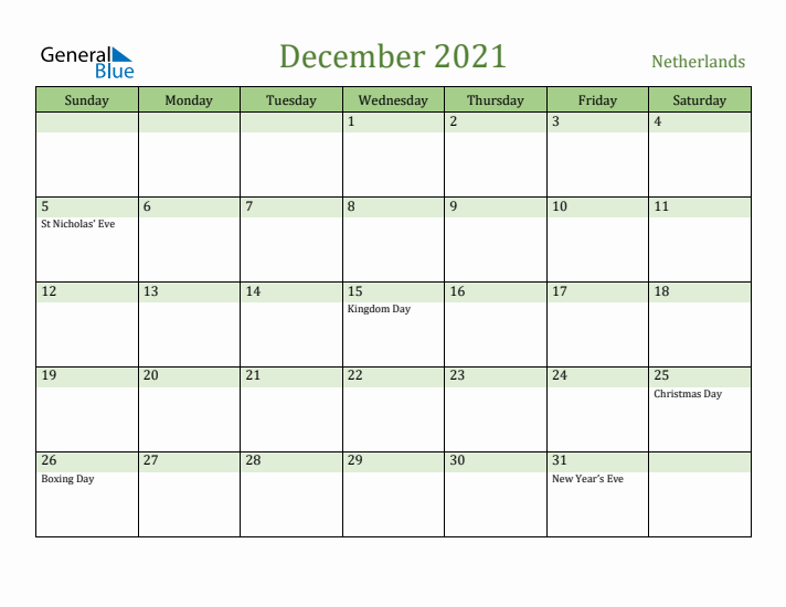 December 2021 Calendar with The Netherlands Holidays