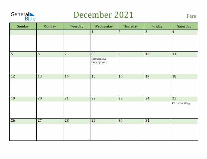 December 2021 Calendar with Peru Holidays