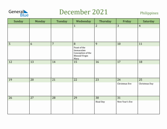 December 2021 Calendar with Philippines Holidays