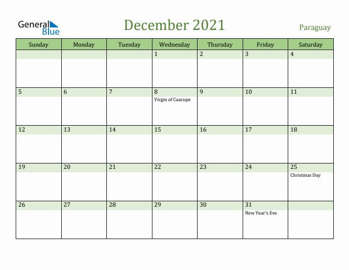 December 2021 Calendar with Paraguay Holidays