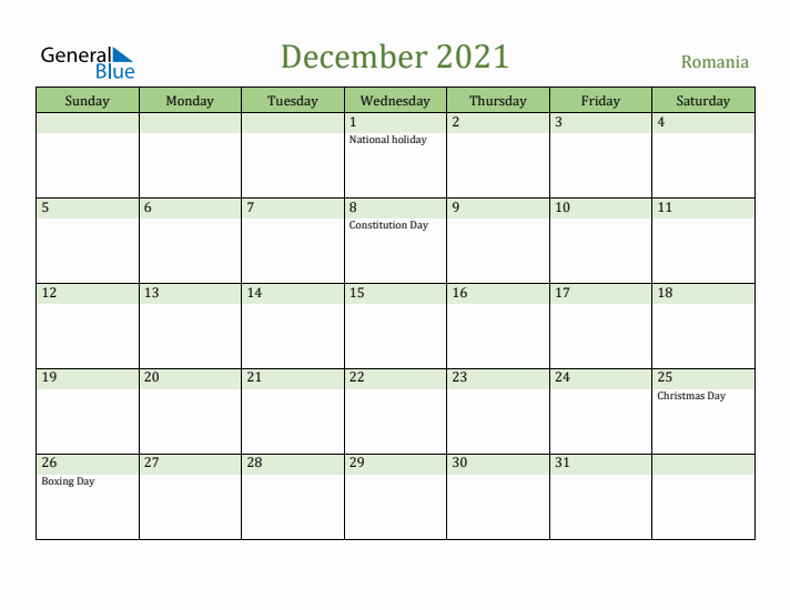 December 2021 Calendar with Romania Holidays