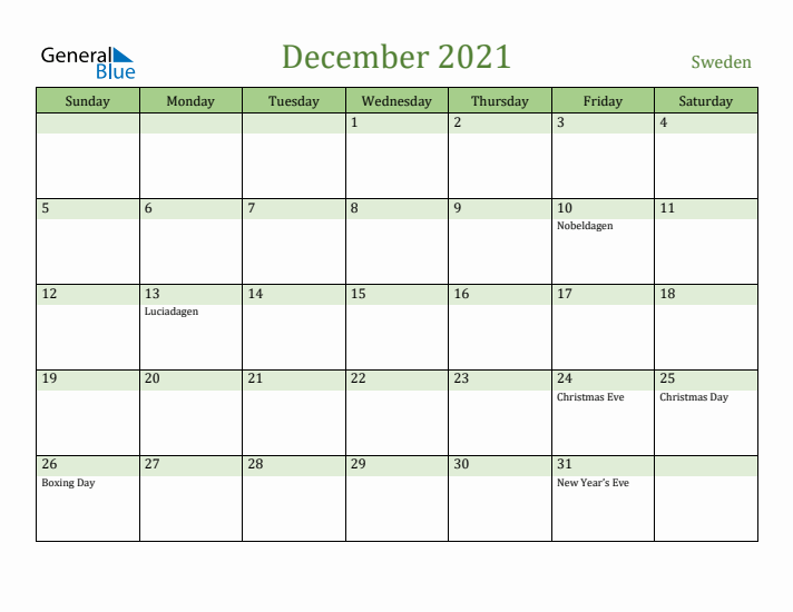 December 2021 Calendar with Sweden Holidays