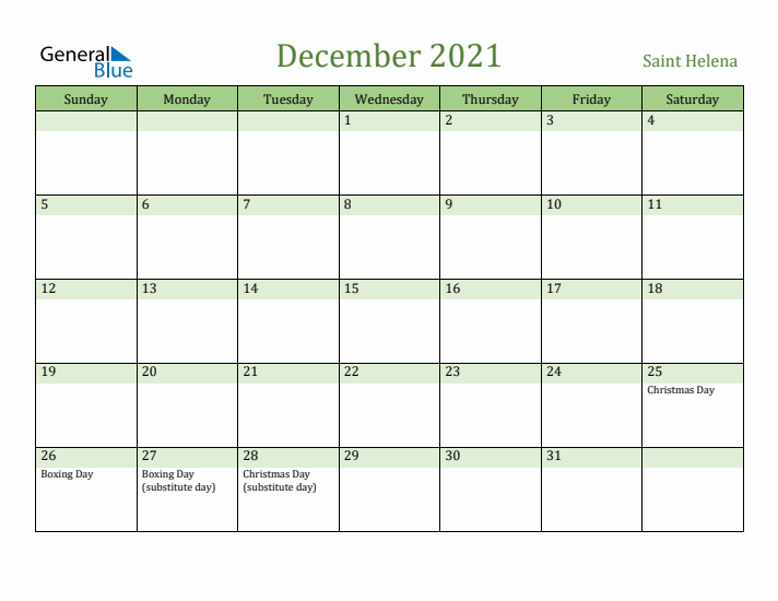 December 2021 Calendar with Saint Helena Holidays