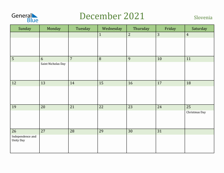 December 2021 Calendar with Slovenia Holidays