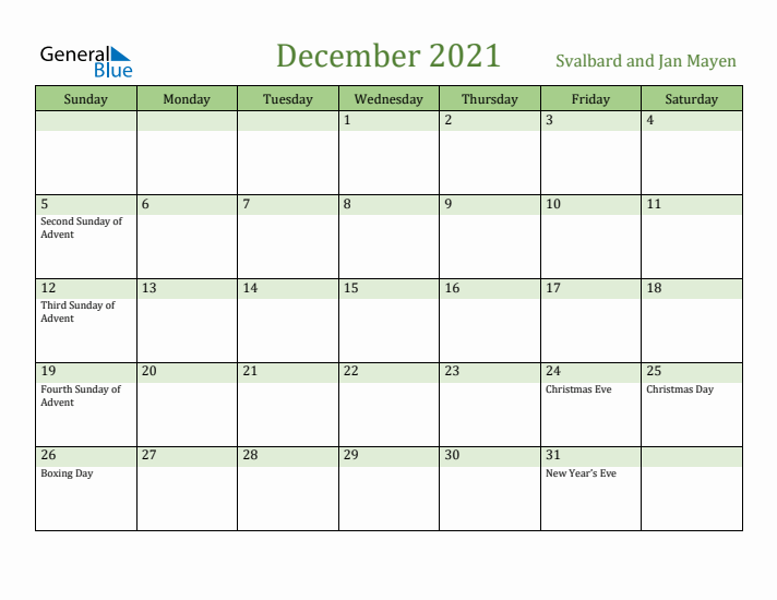 December 2021 Calendar with Svalbard and Jan Mayen Holidays