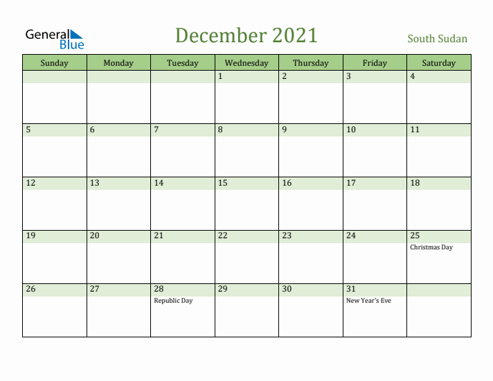 December 2021 Calendar with South Sudan Holidays