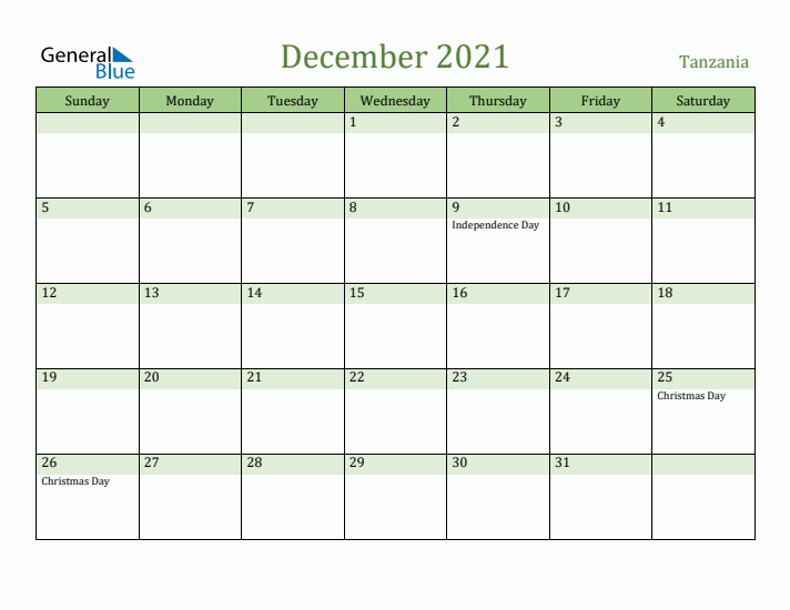December 2021 Calendar with Tanzania Holidays