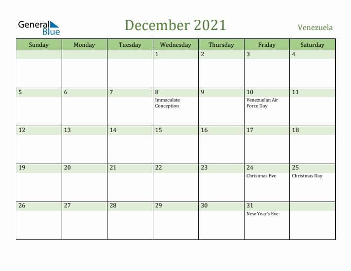 December 2021 Calendar with Venezuela Holidays