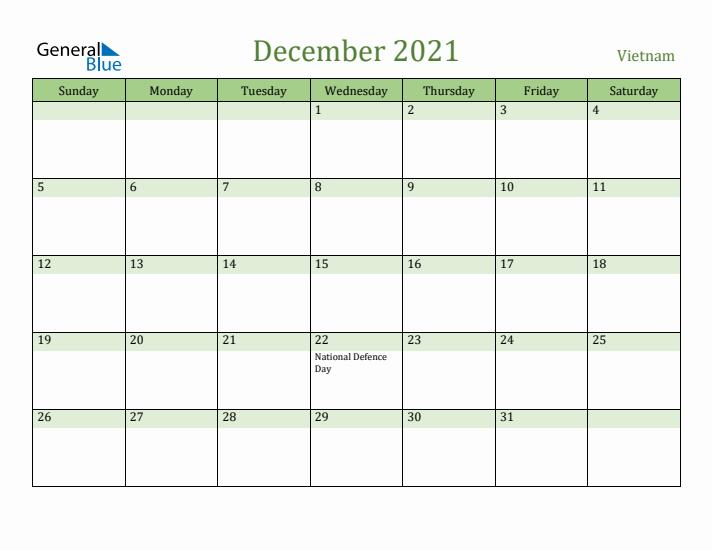 December 2021 Calendar with Vietnam Holidays
