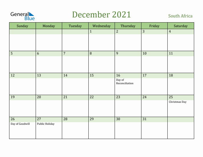 December 2021 Calendar with South Africa Holidays
