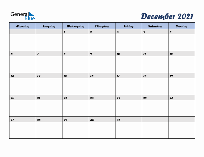 December 2021 Blue Calendar (Monday Start)