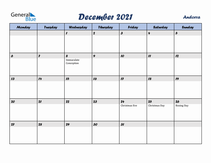 December 2021 Calendar with Holidays in Andorra