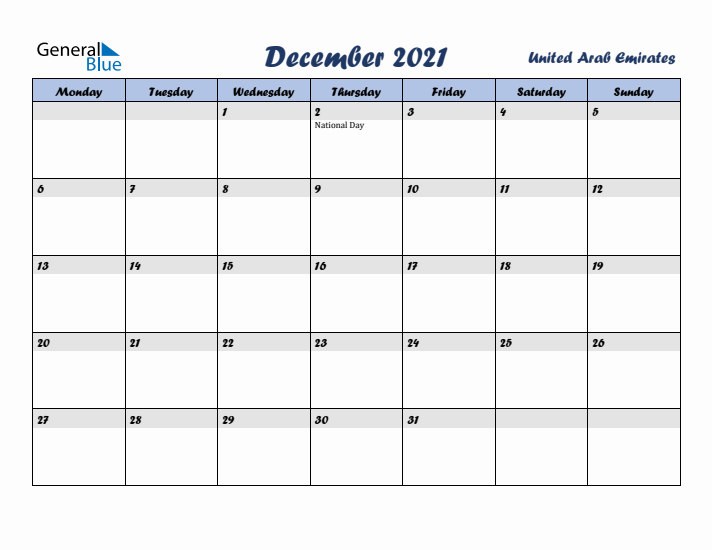 December 2021 Calendar with Holidays in United Arab Emirates