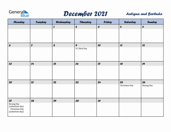 December 2021 Calendar with Holidays in Antigua and Barbuda