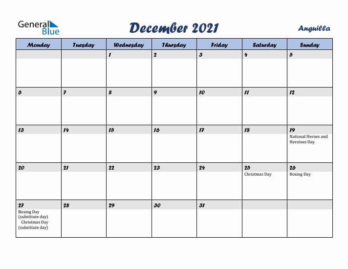 December 2021 Calendar with Holidays in Anguilla