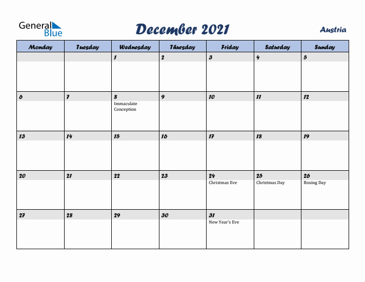 December 2021 Calendar with Holidays in Austria