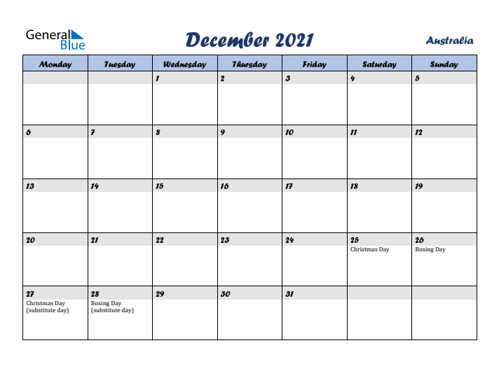 December 2021 Calendar with Holidays in Australia