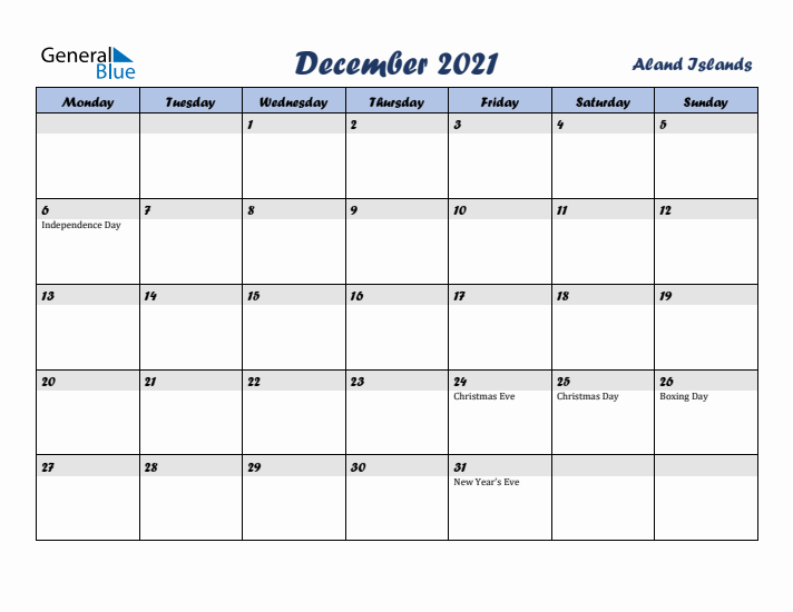 December 2021 Calendar with Holidays in Aland Islands