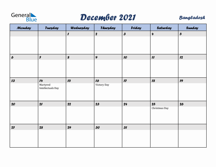 December 2021 Calendar with Holidays in Bangladesh