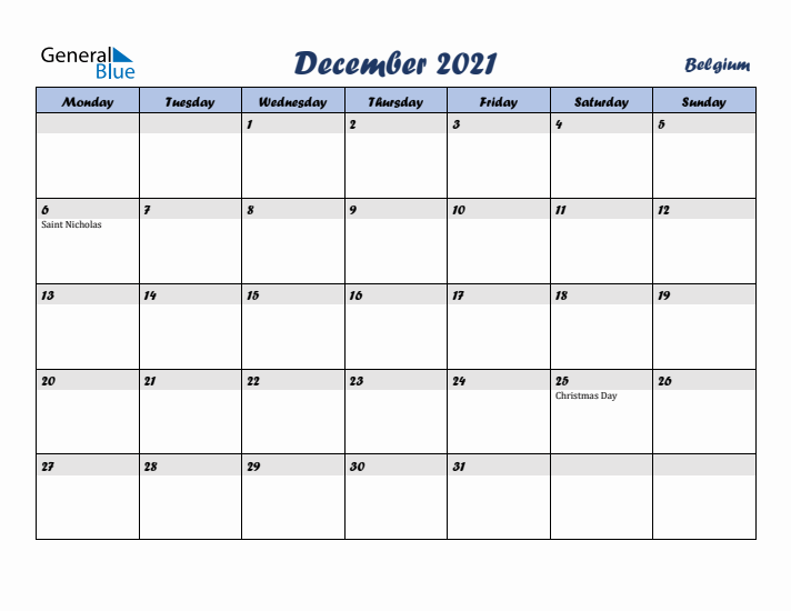December 2021 Calendar with Holidays in Belgium