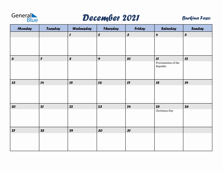 December 2021 Calendar with Holidays in Burkina Faso