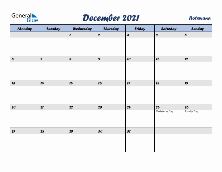December 2021 Calendar with Holidays in Botswana