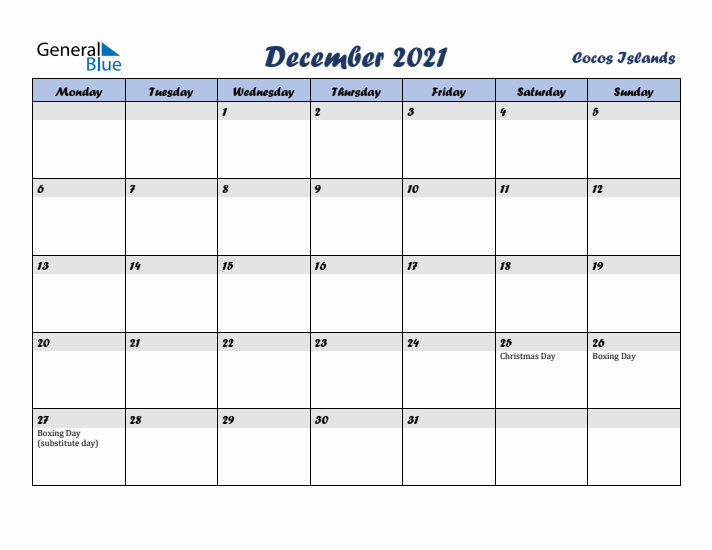 December 2021 Calendar with Holidays in Cocos Islands