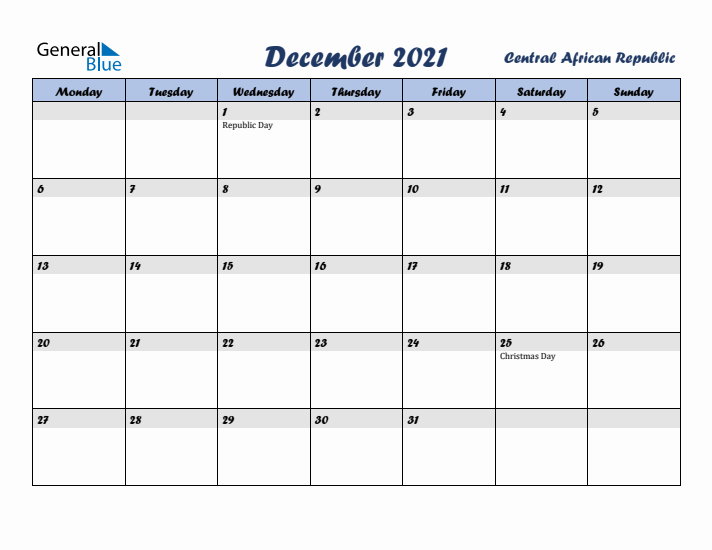 December 2021 Calendar with Holidays in Central African Republic