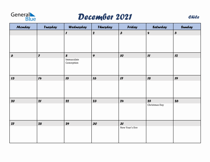 December 2021 Calendar with Holidays in Chile