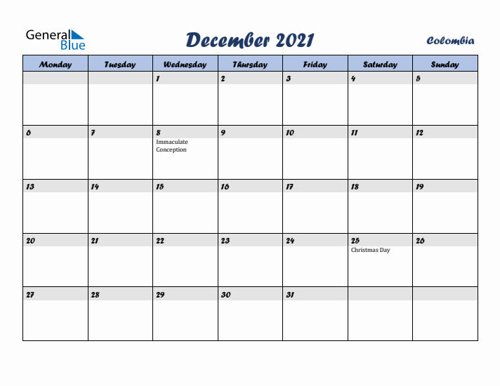 December 2021 Calendar with Holidays in Colombia