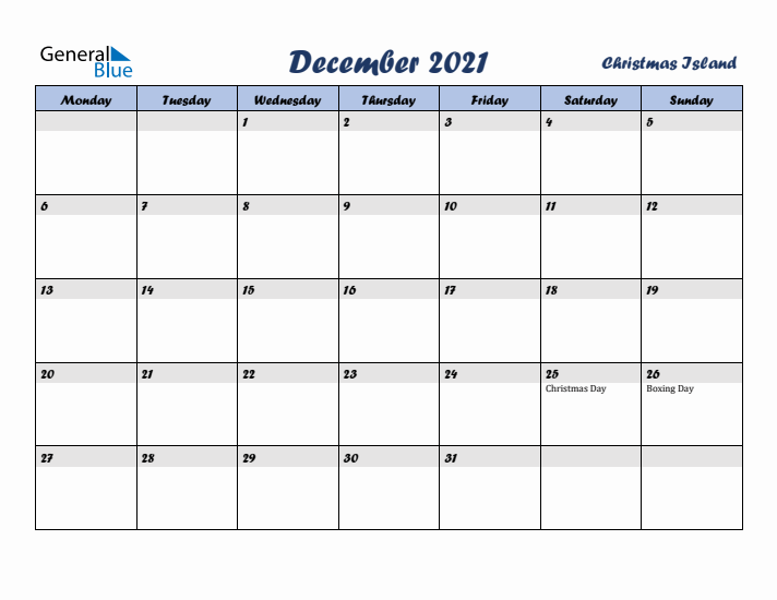 December 2021 Calendar with Holidays in Christmas Island