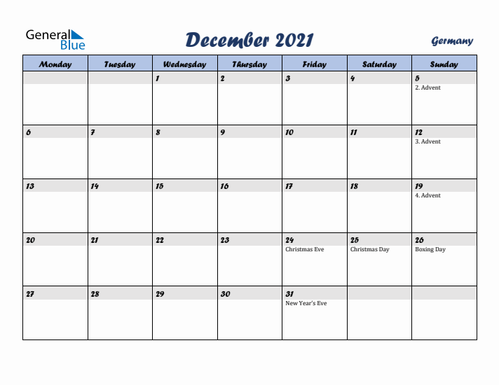December 2021 Calendar with Holidays in Germany