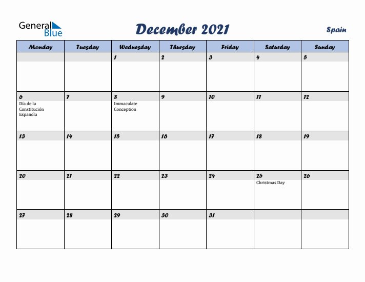 December 2021 Calendar with Holidays in Spain