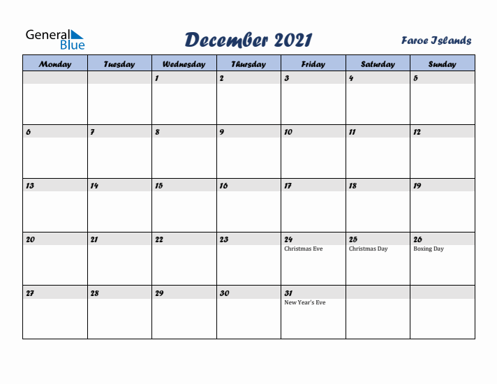 December 2021 Calendar with Holidays in Faroe Islands