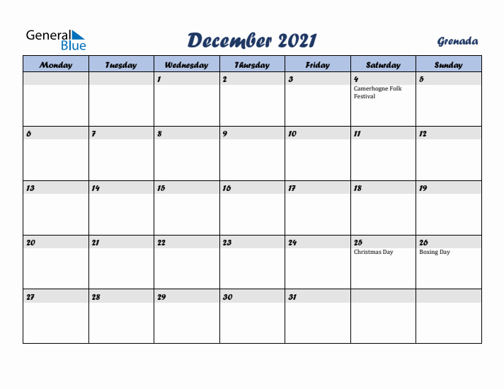 December 2021 Calendar with Holidays in Grenada