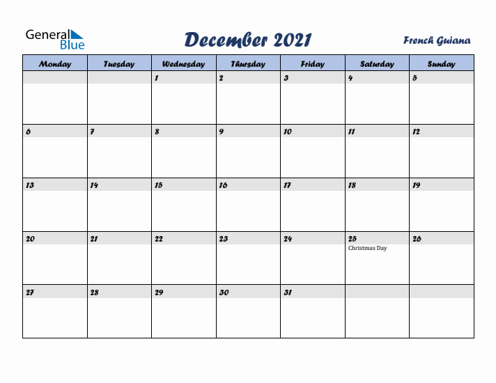 December 2021 Calendar with Holidays in French Guiana