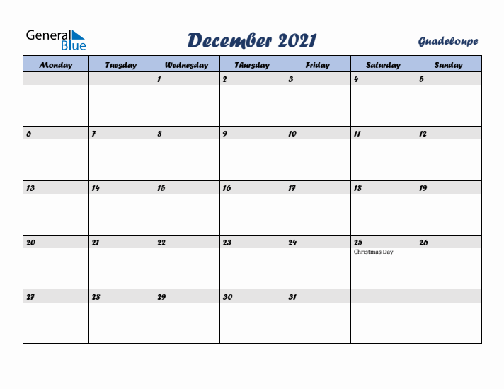 December 2021 Calendar with Holidays in Guadeloupe