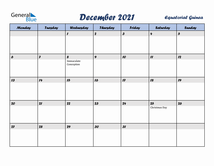 December 2021 Calendar with Holidays in Equatorial Guinea