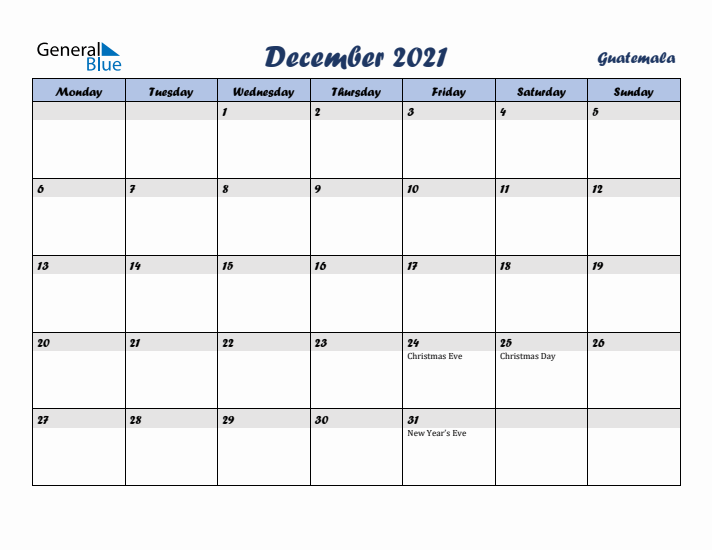 December 2021 Calendar with Holidays in Guatemala