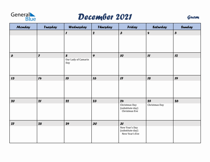 December 2021 Calendar with Holidays in Guam