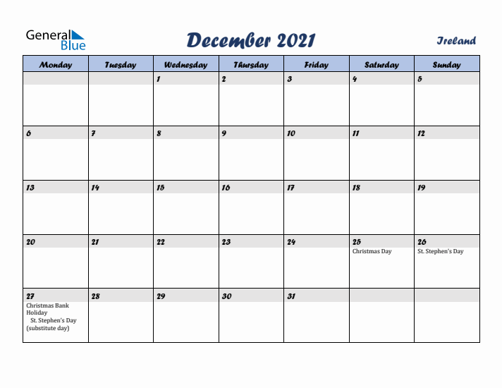 December 2021 Calendar with Holidays in Ireland