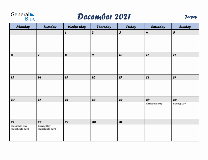 December 2021 Calendar with Holidays in Jersey
