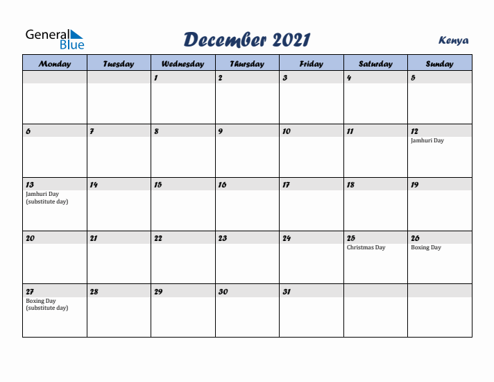 December 2021 Calendar with Holidays in Kenya